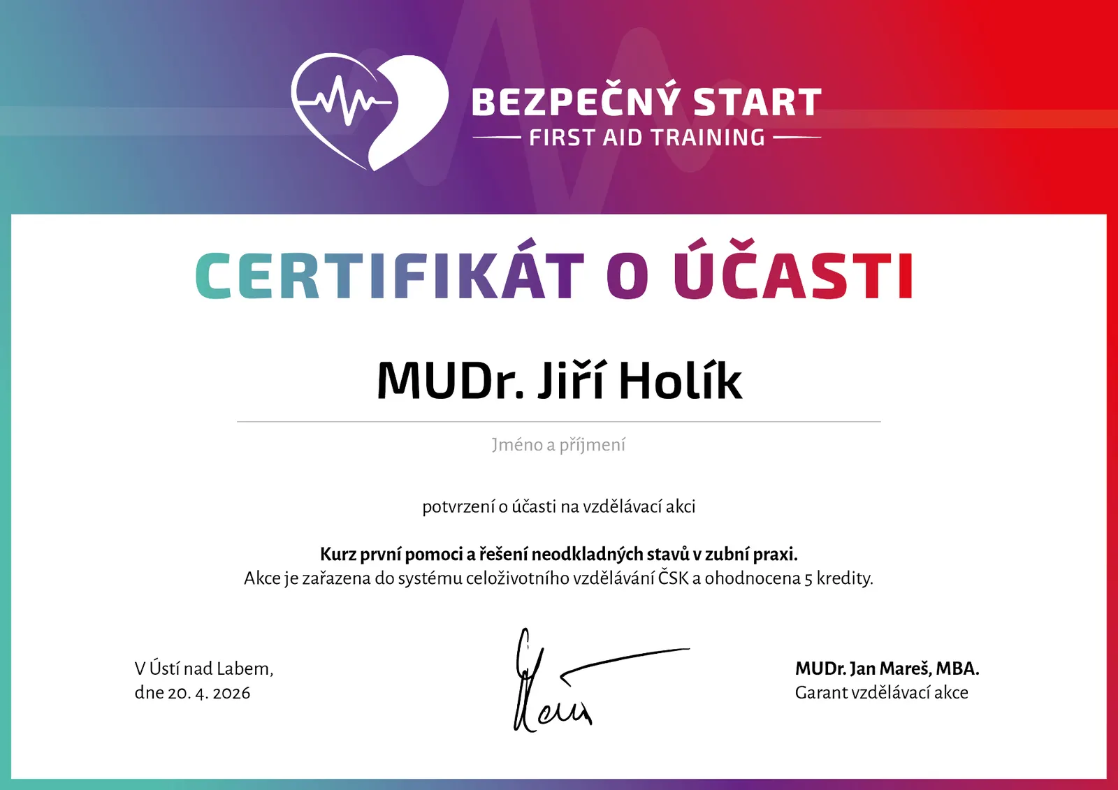 Vzor certifikátu o účasti na kurzu první pomoci Bezpečný Start
